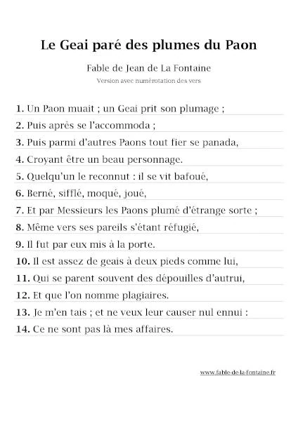 Le Geai paré des plumes du Paon, version avec vers numérotés à télécharger en PDF ou imprimer
