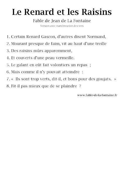 Le Renard et les Raisins, version avec vers numérotés à télécharger en PDF ou imprimer