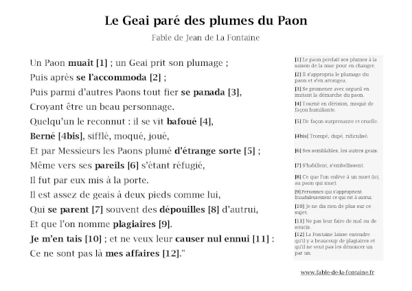 Le Geai paré des plumes du Paon, texte annoté et commenté à télécharger ou imprimer