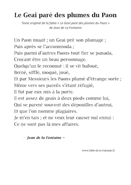 Fable Le Geai paré des plumes du Paon de Jean de La Fontaine, texte original à télécharger ou imprimer