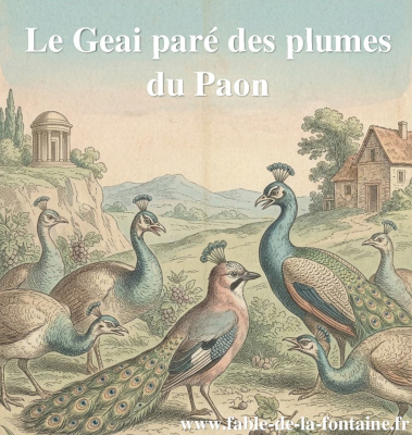 Illustration de la fable Le Geai paré des plumes du Paon de Jean de La Fontaine