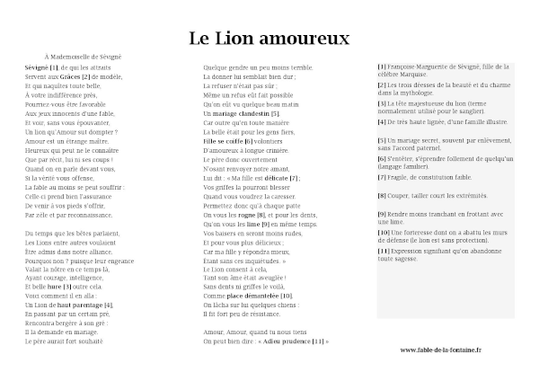Le Lion amoureux, texte annoté et commenté à télécharger ou imprimer