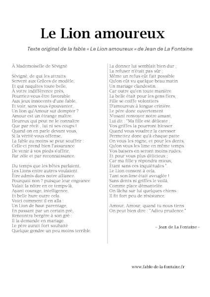 Fable Le Lion amoureux de Jean de La Fontaine, texte original à télécharger ou imprimer