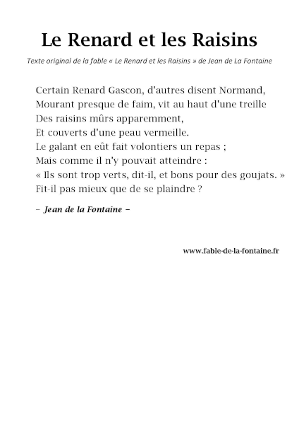Fable Le Renard et les Raisins de Jean de La Fontaine, texte original à télécharger ou imprimer