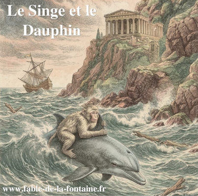Illustration de la fable Le Singe et le Dauphin de Jean de La Fontaine